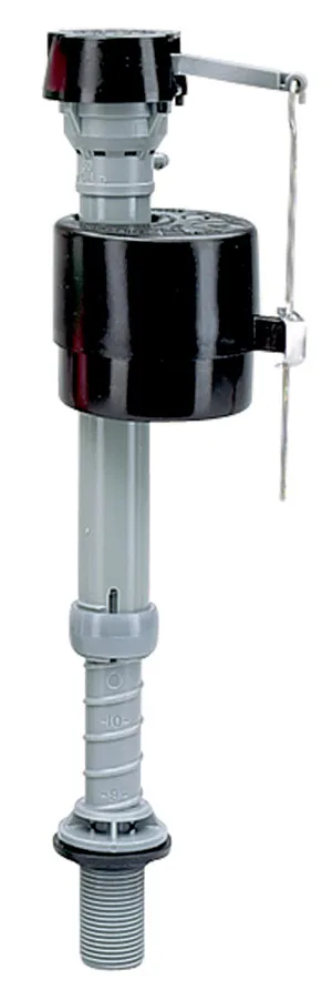 White plastic toilet fill valve with adjustable height shaft and black float cup in retail box