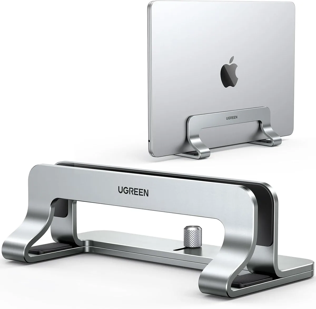Silver-gray aluminum vertical laptop stand with adjustable slot and silicone padding