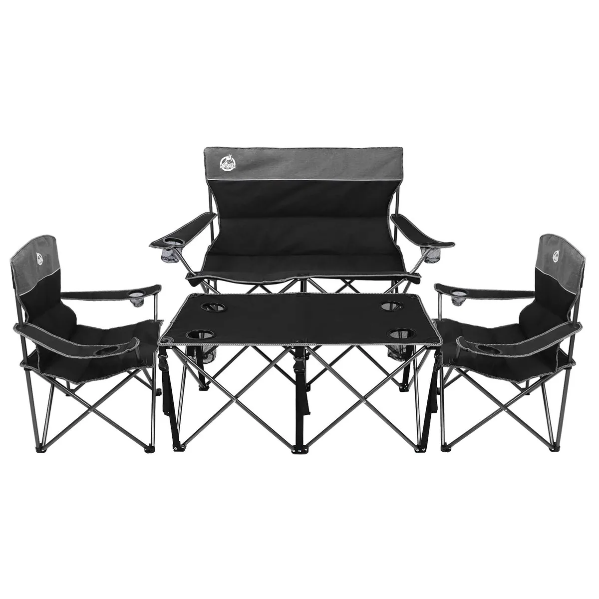 Black folding camping set with sofa, two chairs, table and carry bags