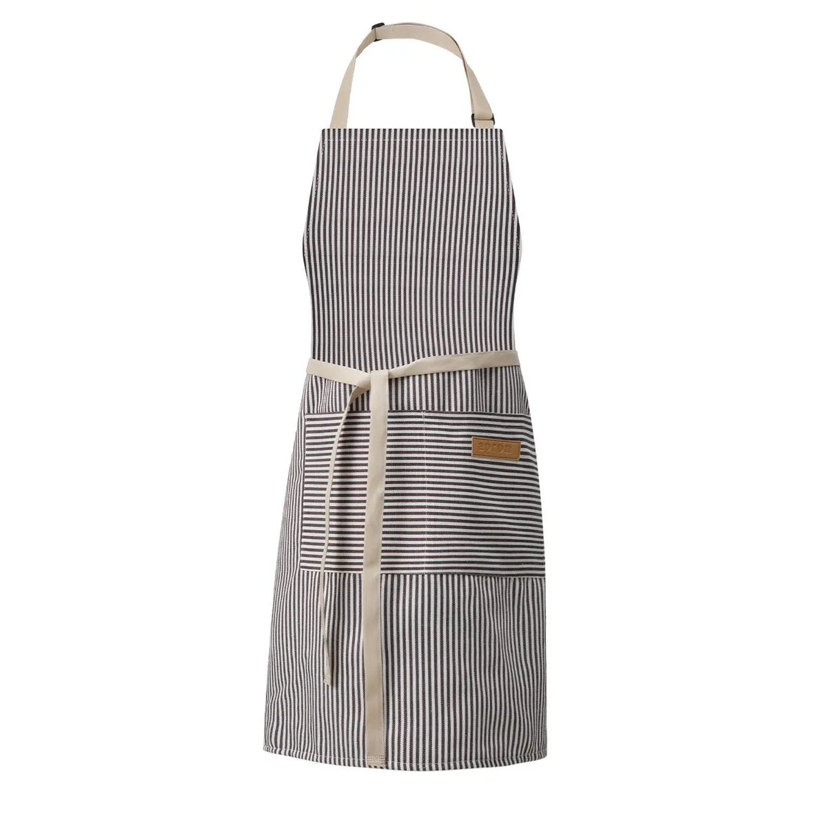 DILLMAN kitchen apron in narrow brown stripes with two front pockets and long waist ties