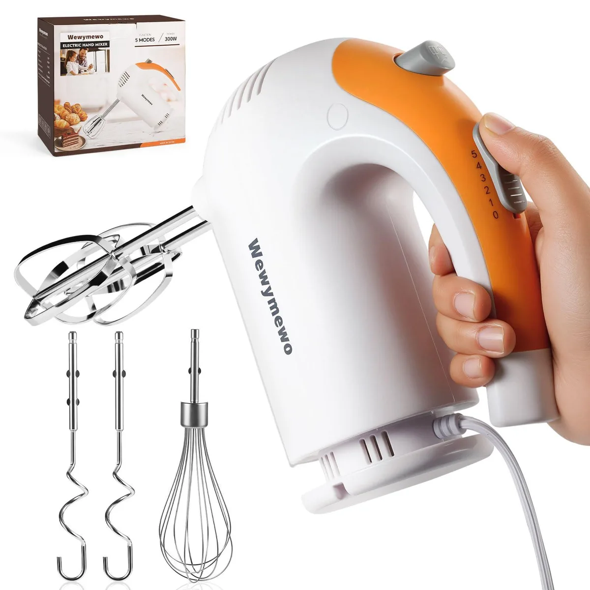 White hand mixer with five stainless steel attachments