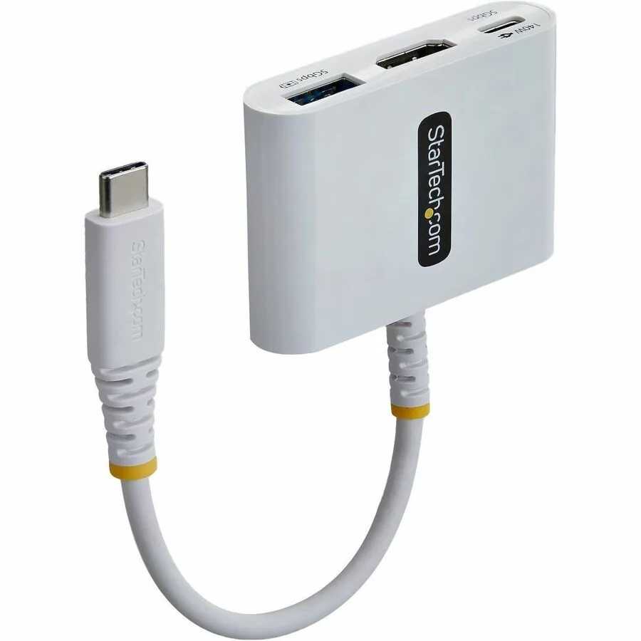 White compact USB-C multiport adapter with HDMI USB-C and USB-A ports