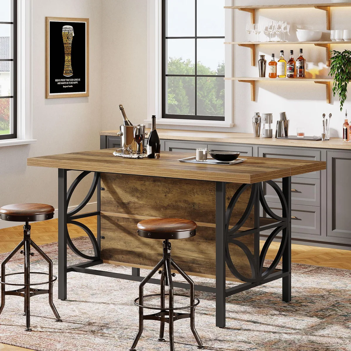 Rectangular rustic brown bar table with black metal frame and two open lower shelves, 63 inches wide