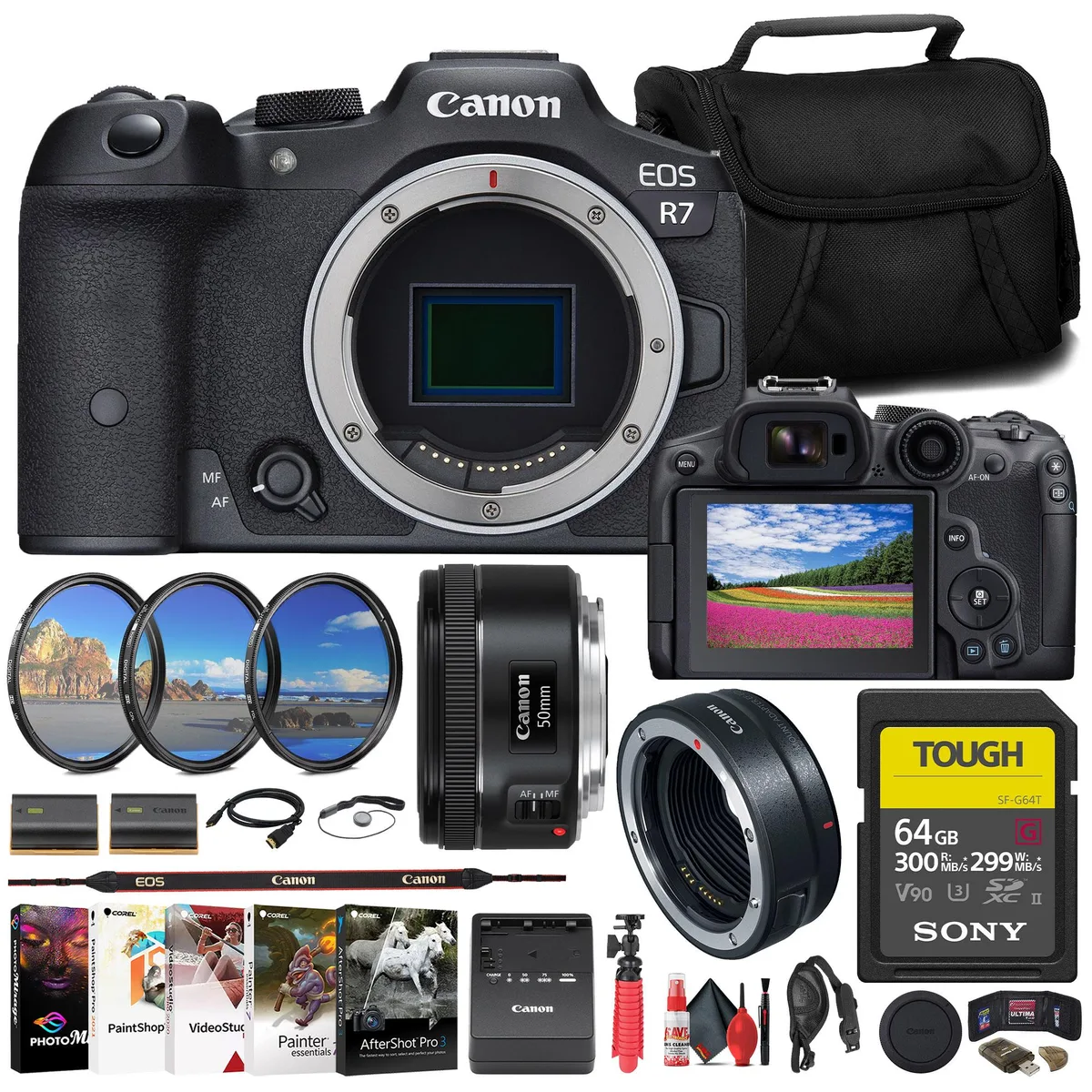 Canon Canon EOS R7 Kit: Body, EF 50mm f/1.8, Adapter, 64GB TOUGH Card, Accessories — product photo