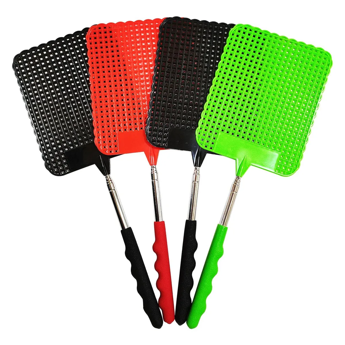 Four telescopic fly swatters, 29in extended, black red green plastic paddles on silver poles