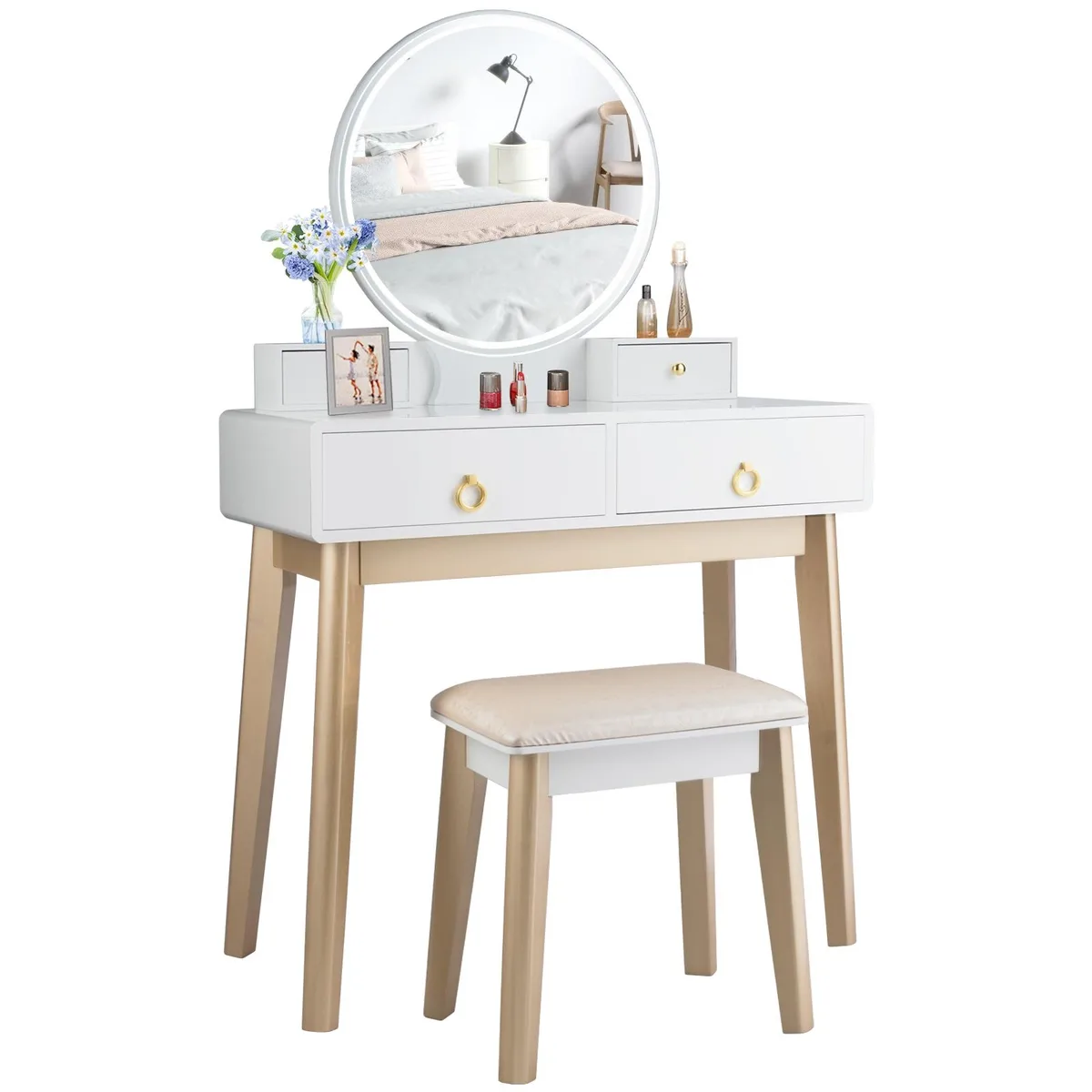 White vanity table with round mirror, LED lights, four drawers, matching stool