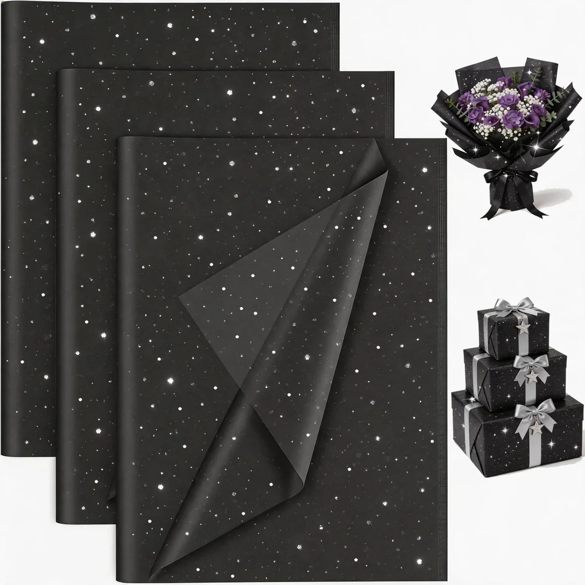 Pack of 30 black glitter tissue paper sheets 20x20 inches