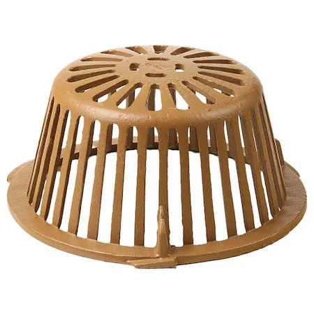 Round cast iron dome strainer with yellow Duco coating, flanged base and slotted grate