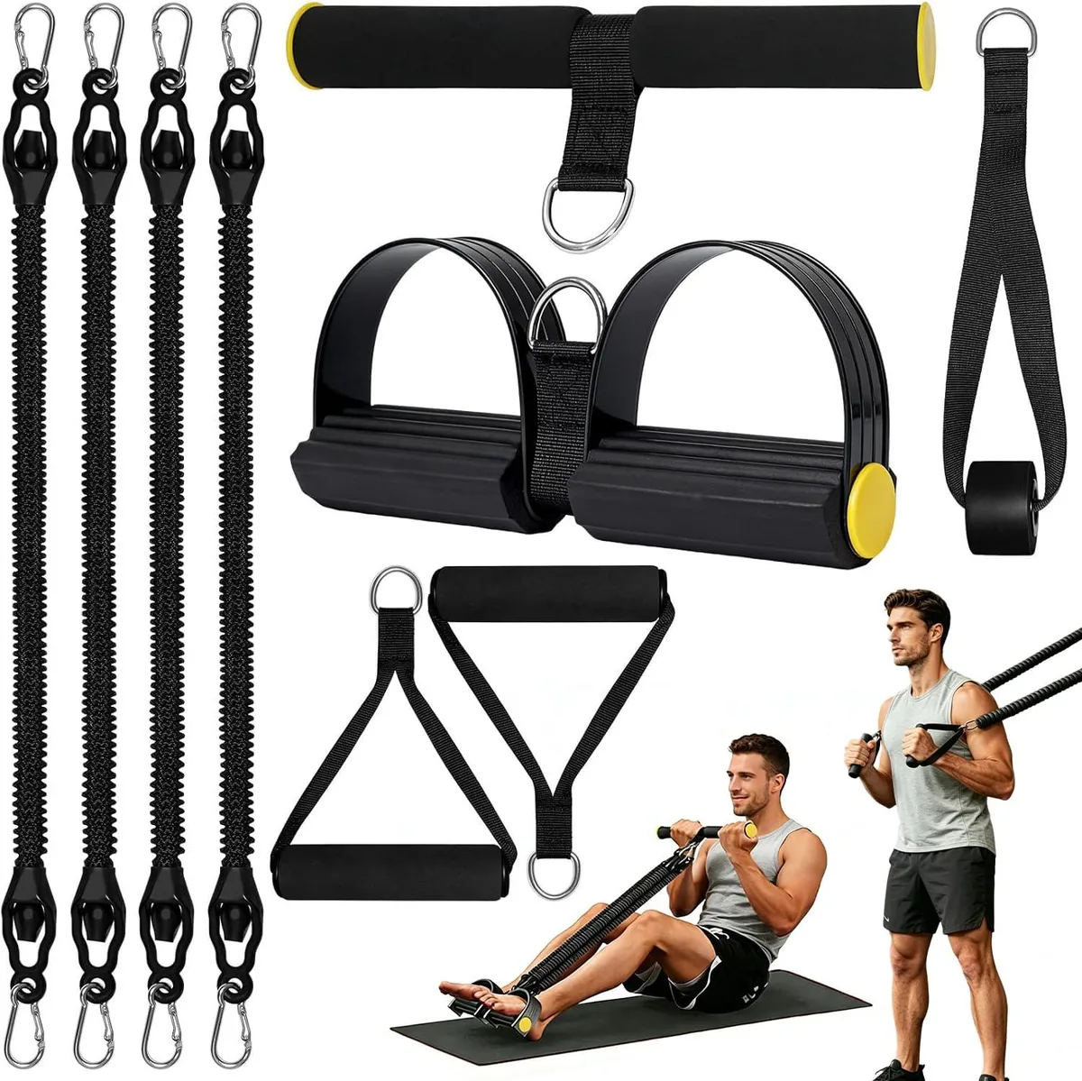 Black pedal resistance band with handles and foot straps, natural rubber tubes, compact home gym kit