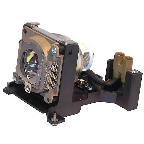 A rectangular projector lamp module in a black plastic housing with a clear glass bulb and metal connector pins