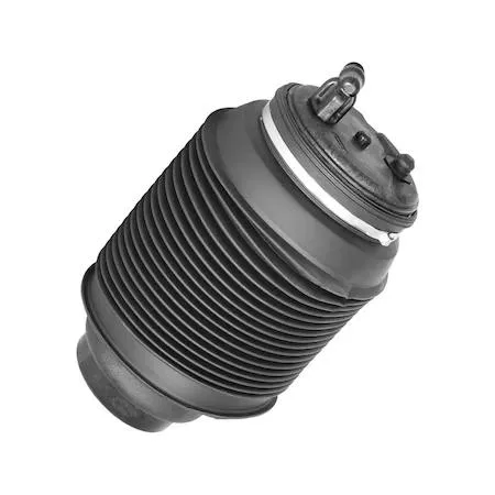Black cylindrical air spring with metal fittings at both ends, rubber bellows body, rear left suspension component