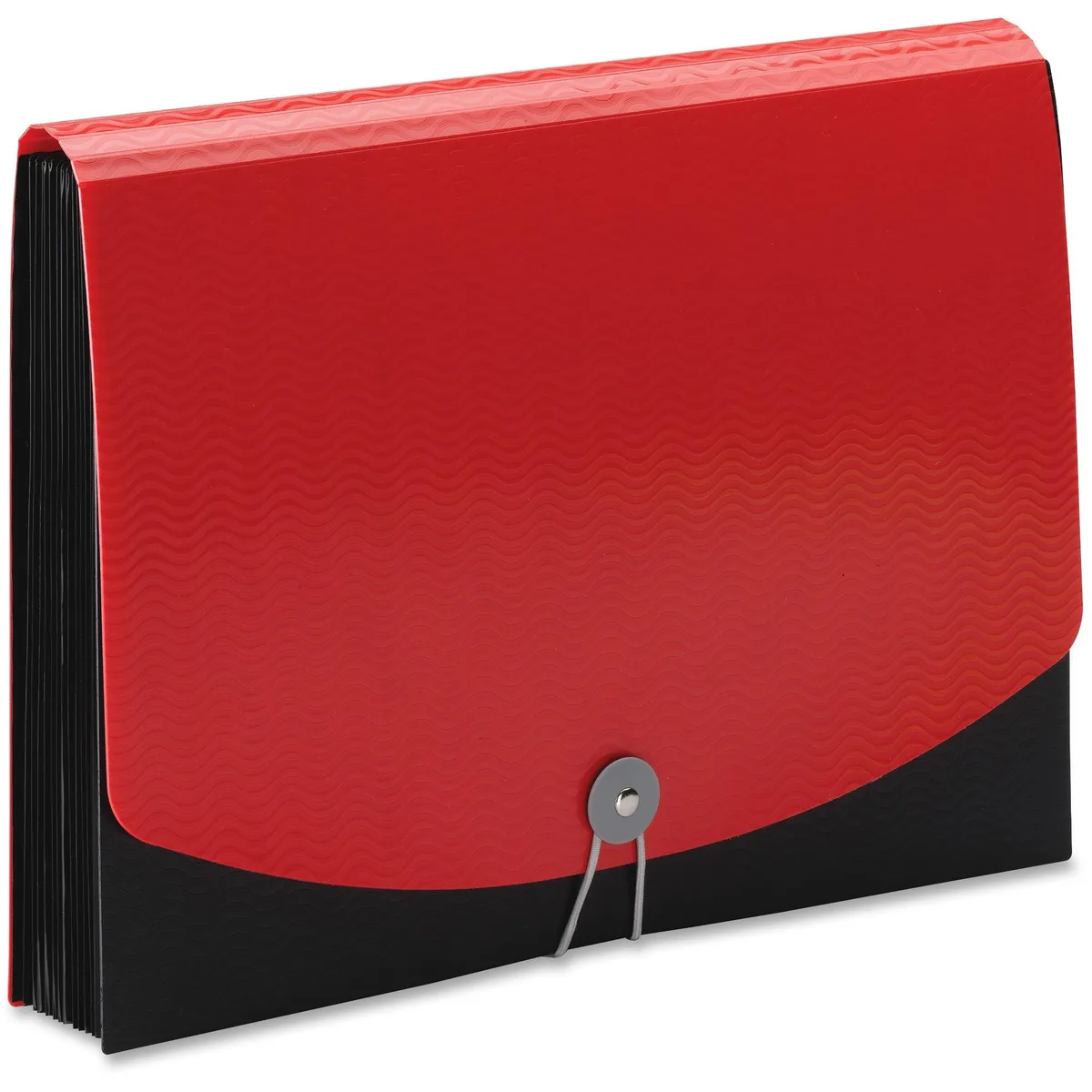 Red and black poly expanding file with 12 pockets and elastic closure