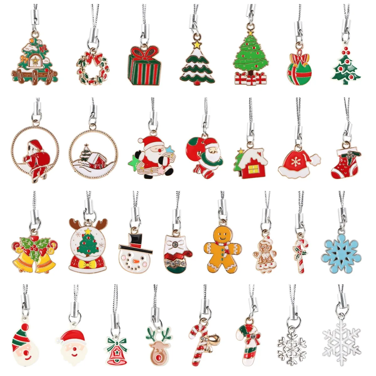 30 mini zinc-alloy ornaments in red gold white silver with blue string loops under 1.26 inches