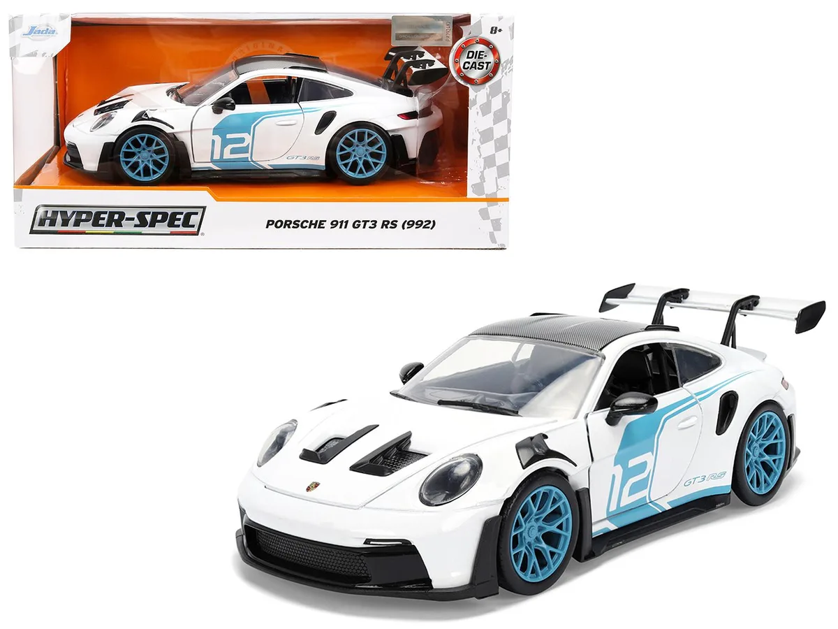 Jada Jada Porsche 911 GT3 RS (992) #12 White Blue Stripes Carbon Top Hyper-Spec 1/24 Diecast Hobby Collectible — product photo