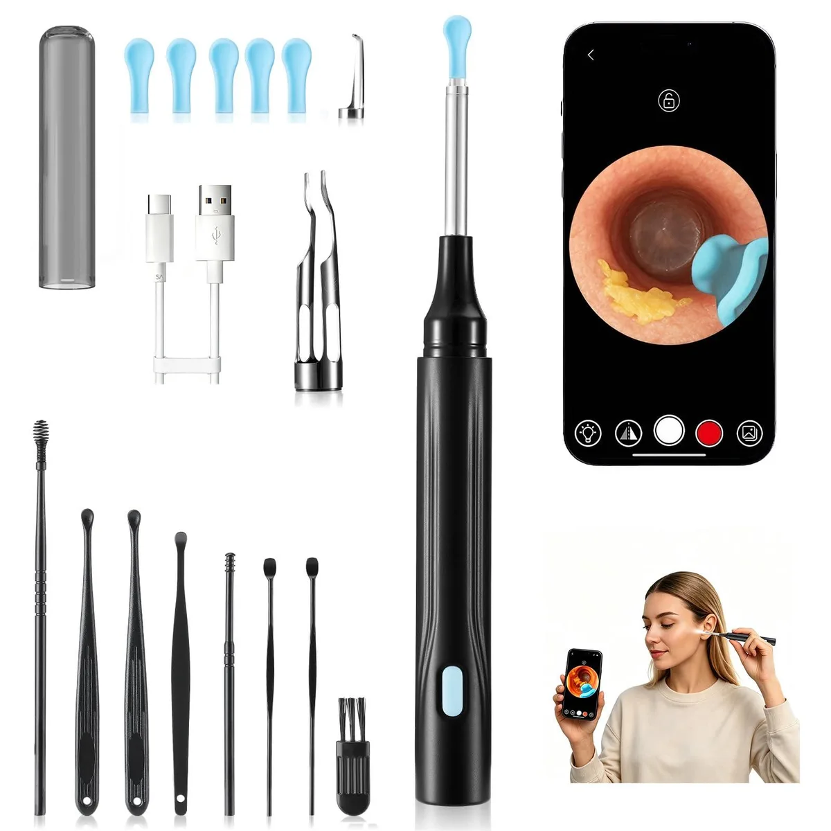 Black wireless ear cleaner with HD camera and six LED lights