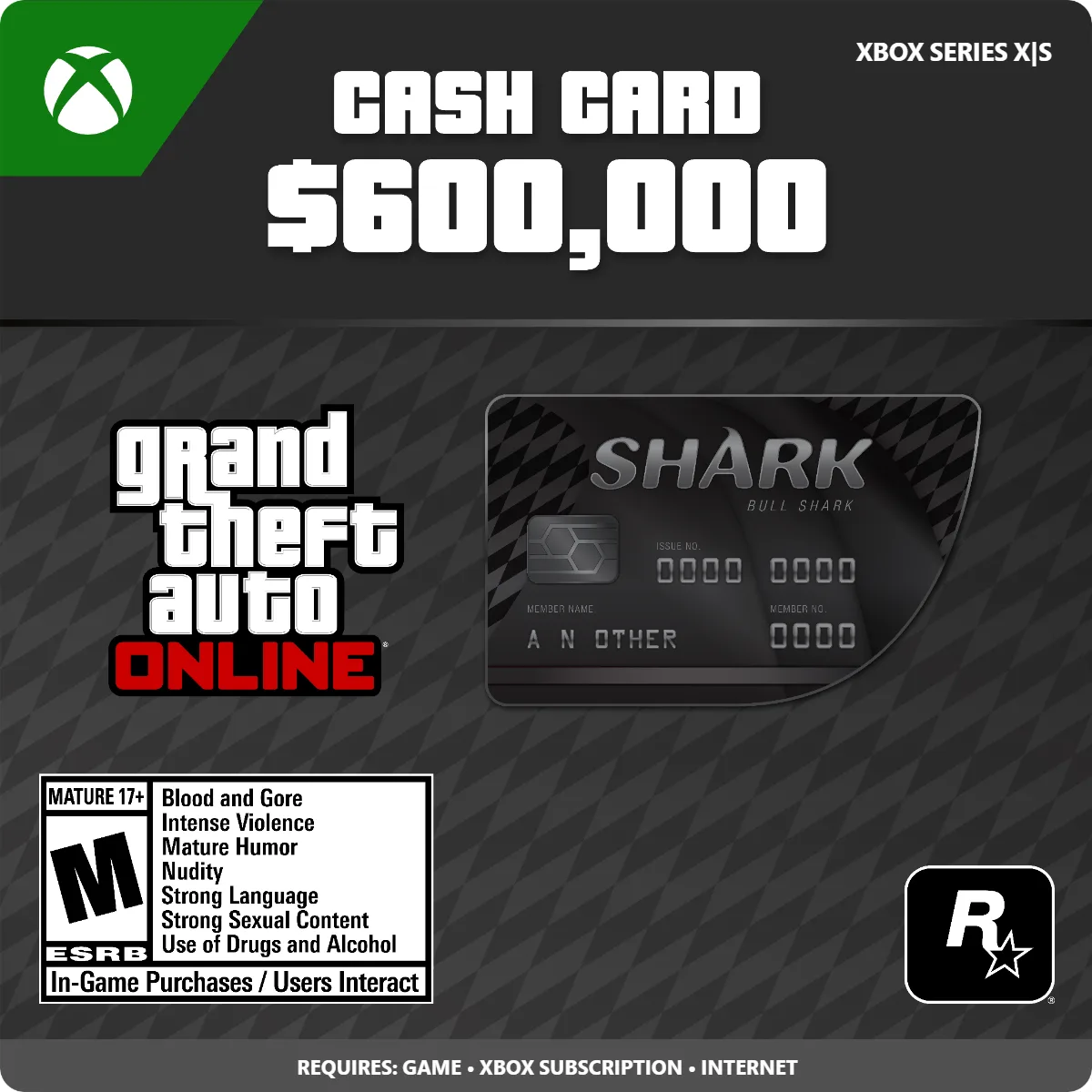 Rockstar Games Rockstar Games 7F6-00577 GTA$600,000 Bull Shark Cash Card Xbox Series X|S downloadable game — product photo