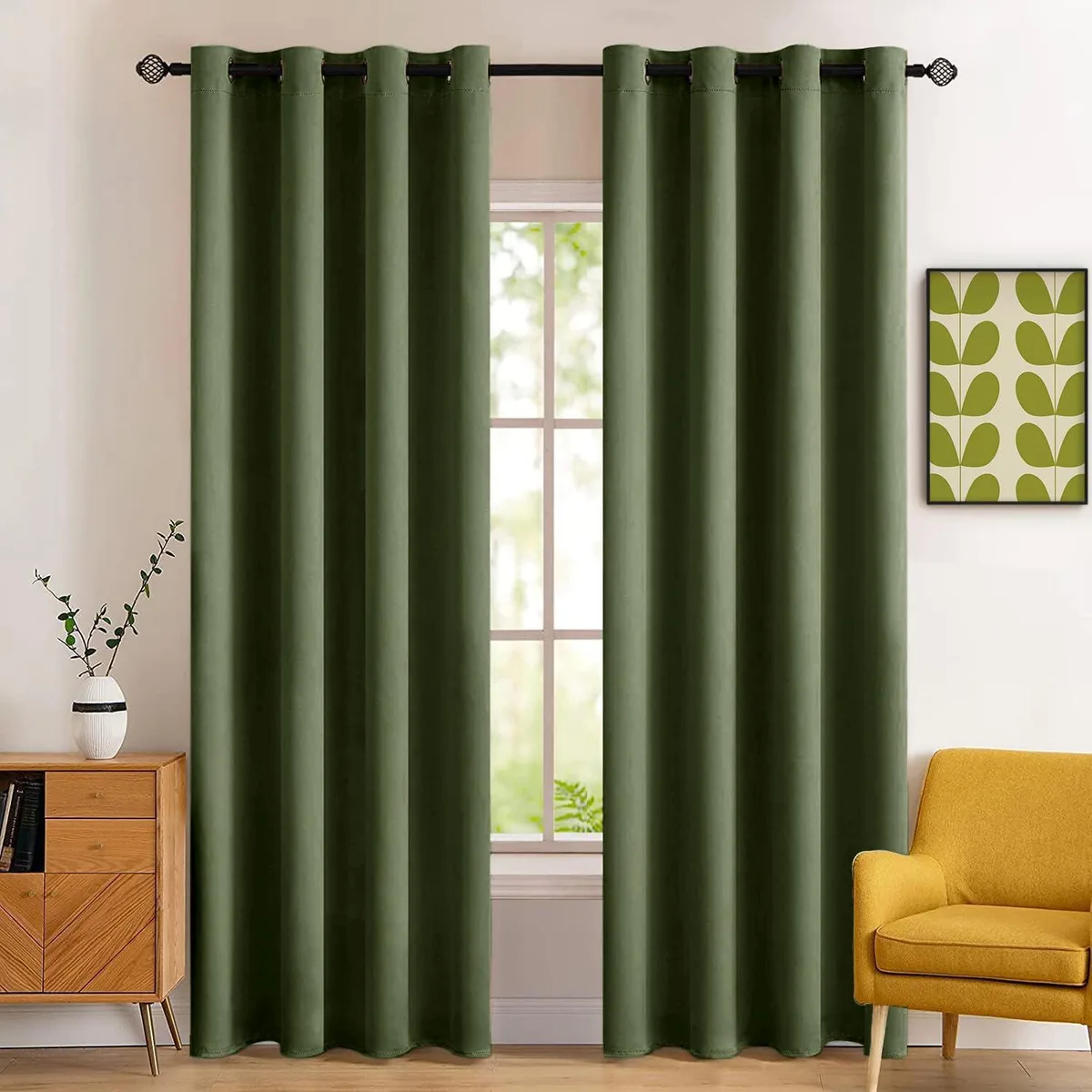 Two olive polyester blackout curtain panels, grommet top, 52 by 84 inches