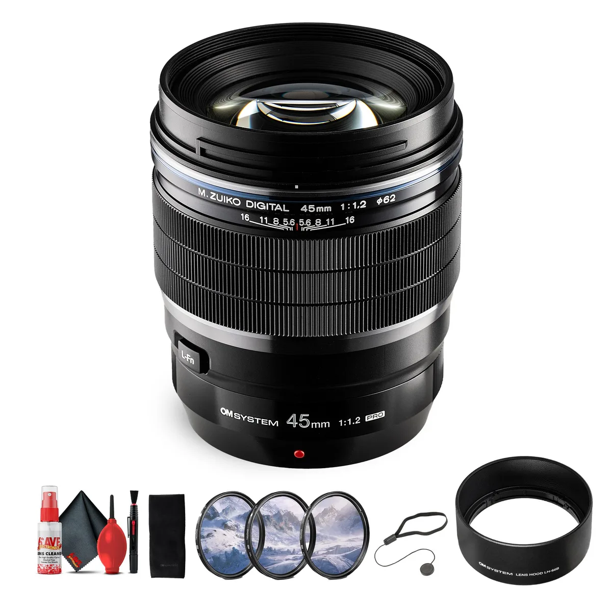 OM System OM System M.Zuiko Digital ED 45mm f/1.2 PRO camera lens bundle — product photo
