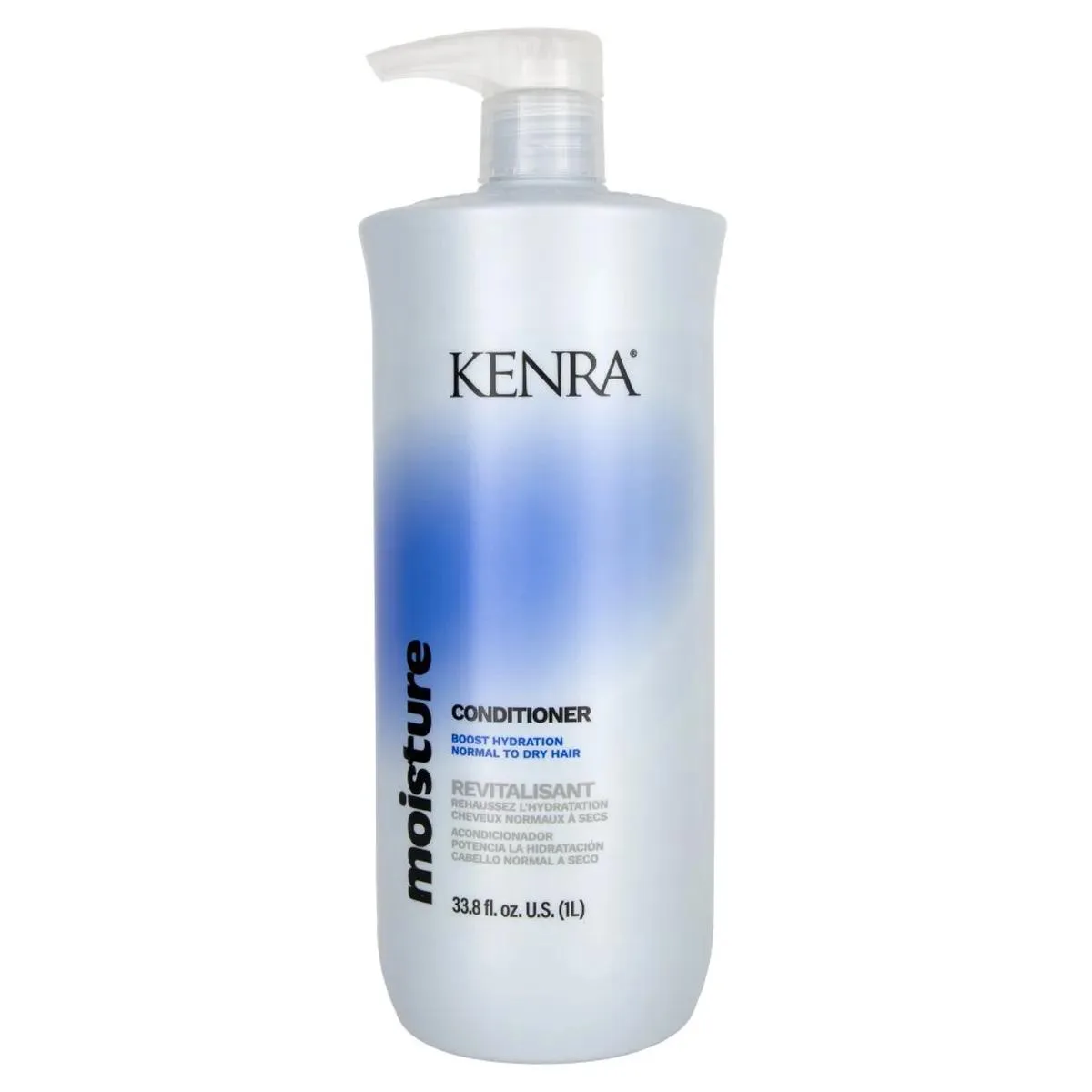 Large white plastic bottle with blue cap and Kenra branding 33.8oz