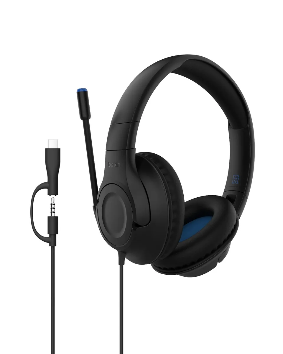  Belkin SoundForm Inspire Wired Over-Ear Headset AUD007fqBK Black 85dB 40mm USB-C 3.5mm — product photo