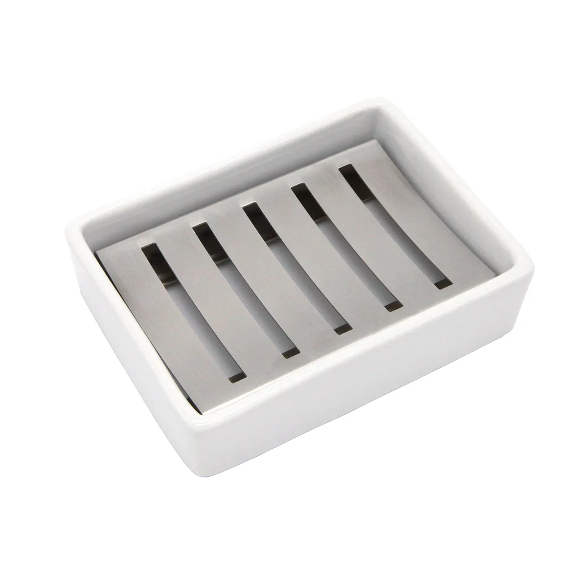  Ceramic Soap Dish Stainless Steel Holder 4.7 x 3.6 x 1.1 inch — product photo