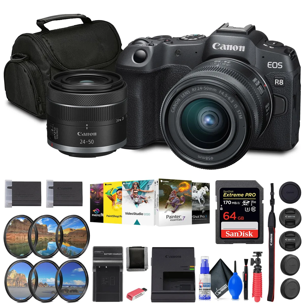 Canon Canon EOS R8 24.2MP Full-Frame Camera Kit RF 24-50mm f/4.5-6.3 IS STM 64GB Card Bag Charger Battery — product photo
