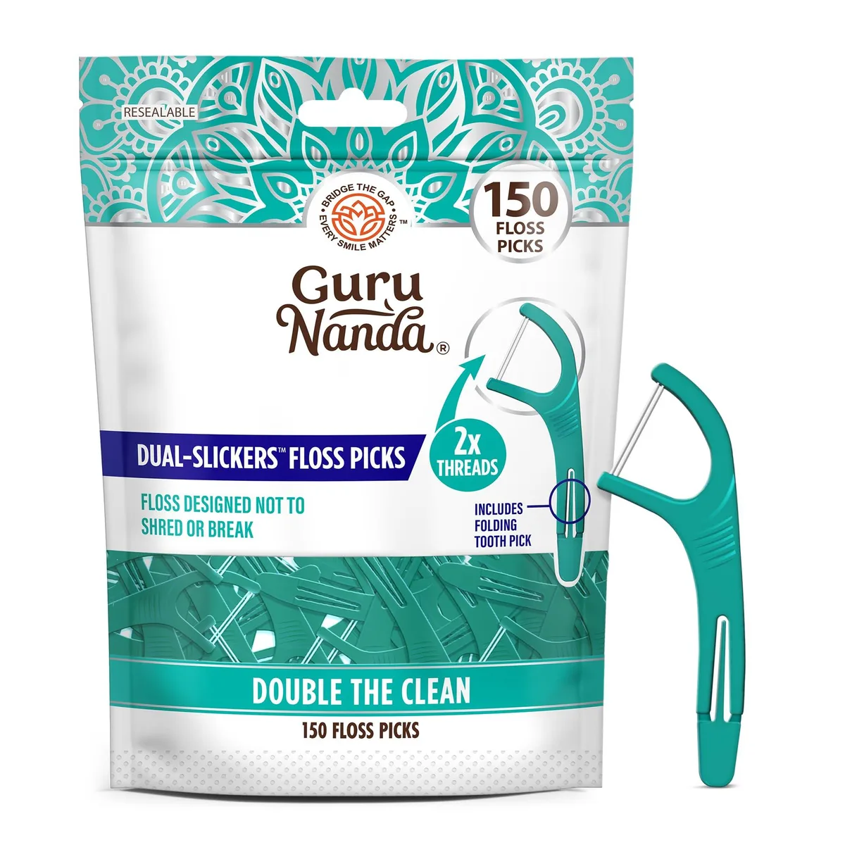 White plastic floss pick with dual thread and foldable toothpick in resealable pouch