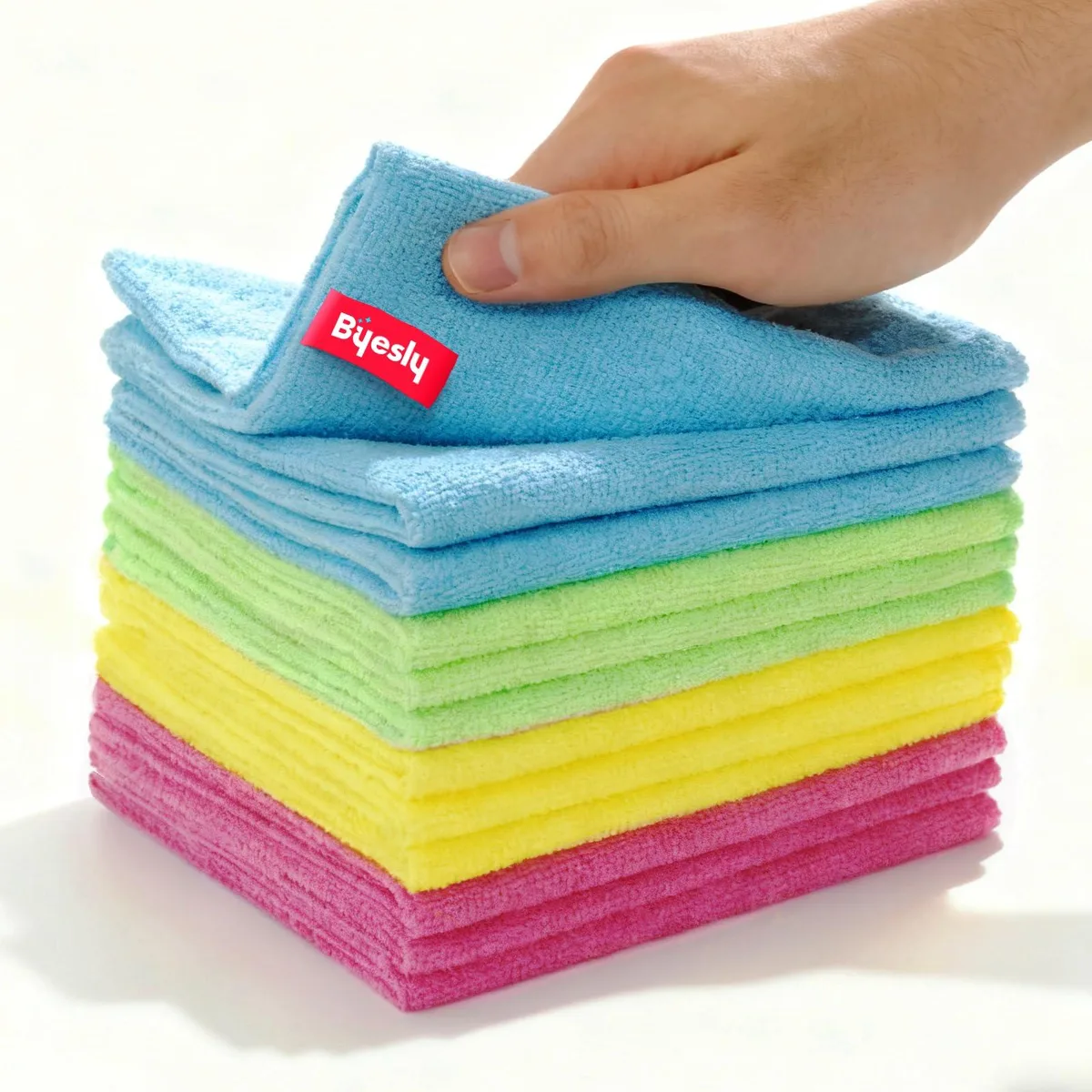 Twelve square microfiber cloths in green blue yellow pink with reinforced edges and hanging loops