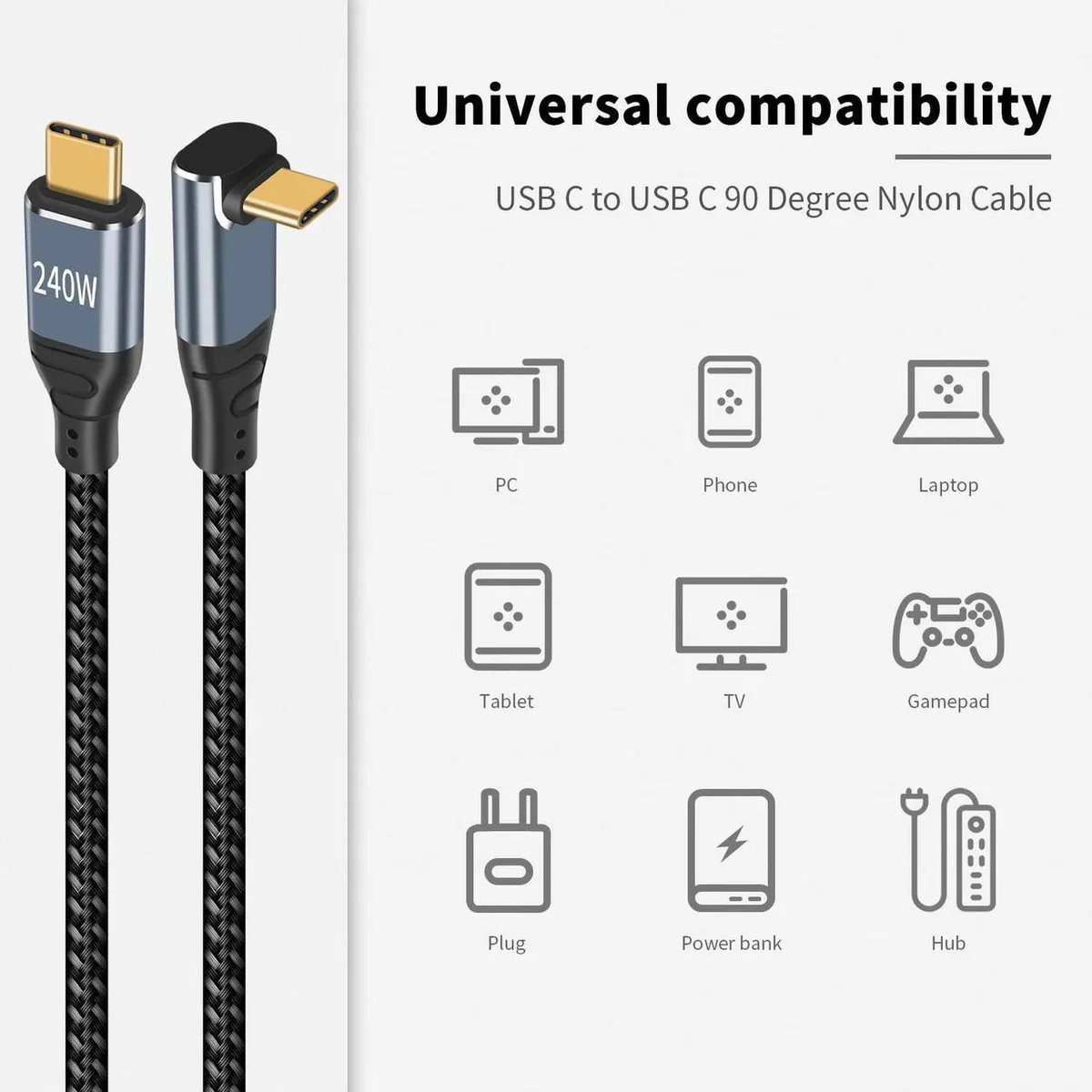Right-angled USB-C to USB-C braided cable, 3.3 ft