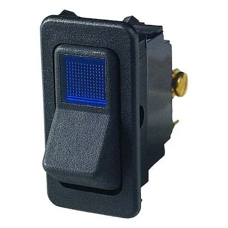 Black rectangular rocker switch with illuminated indicator light, screw terminals visible