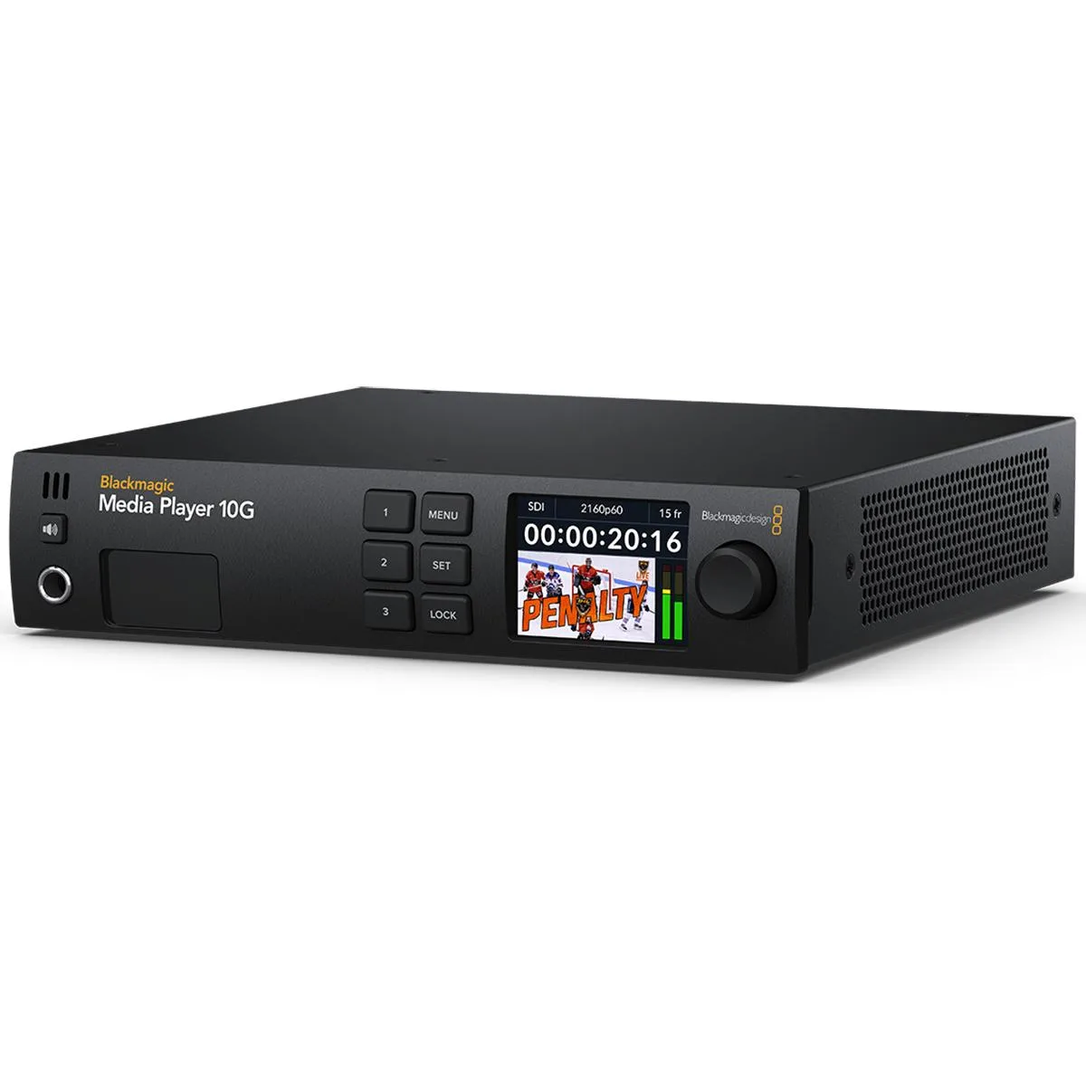 Blackmagic Design Media Player 10G professional video device, compact metal chassis, front Thunderbolt port