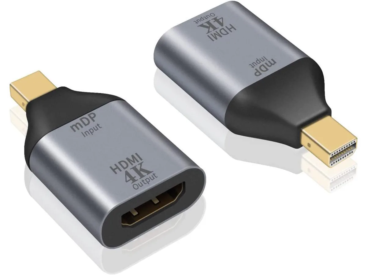 Two gold Mini DisplayPort male to HDMI female adapters