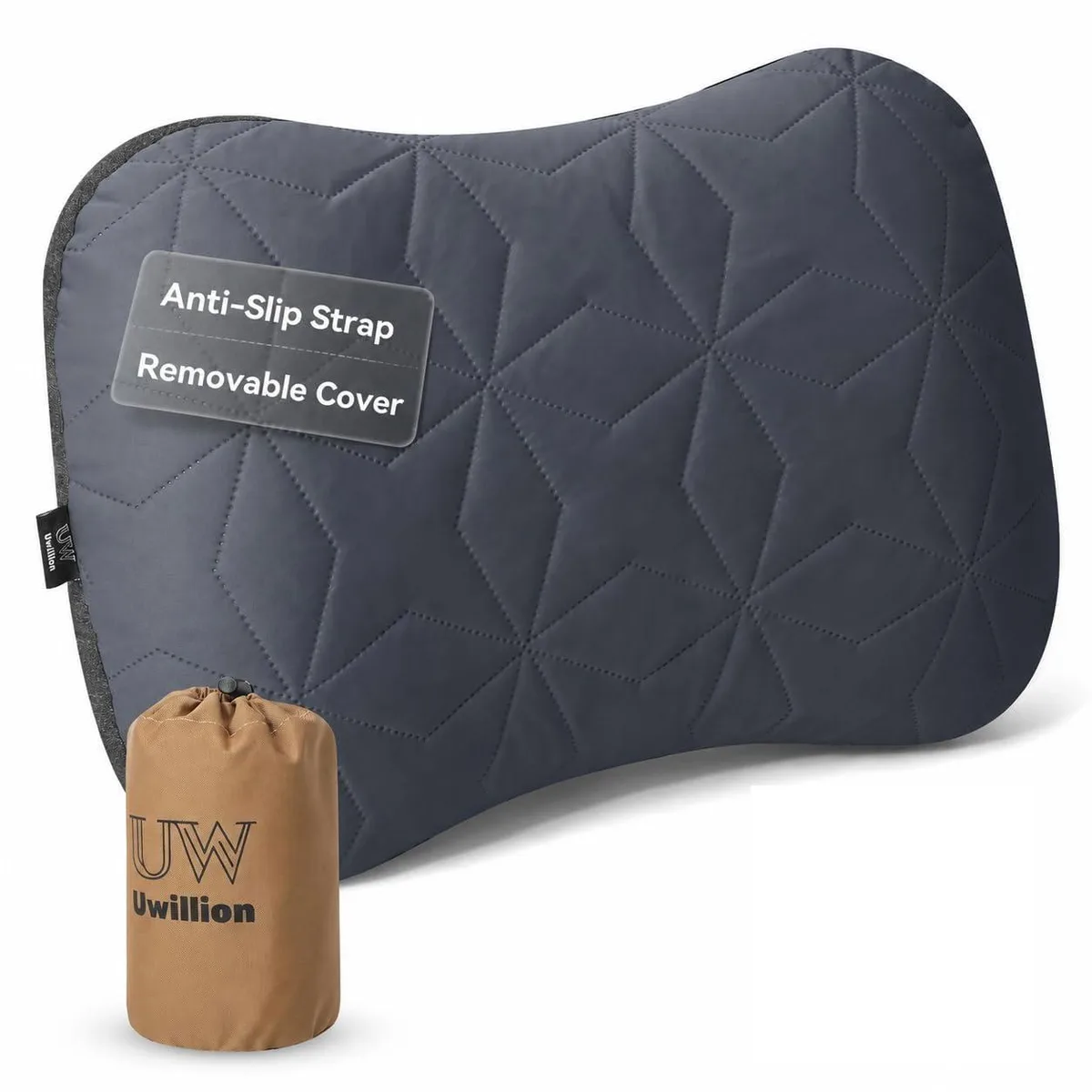 Grey inflatable camping pillow with removable cover, curved rectangular shape, packed in small drawstring bag