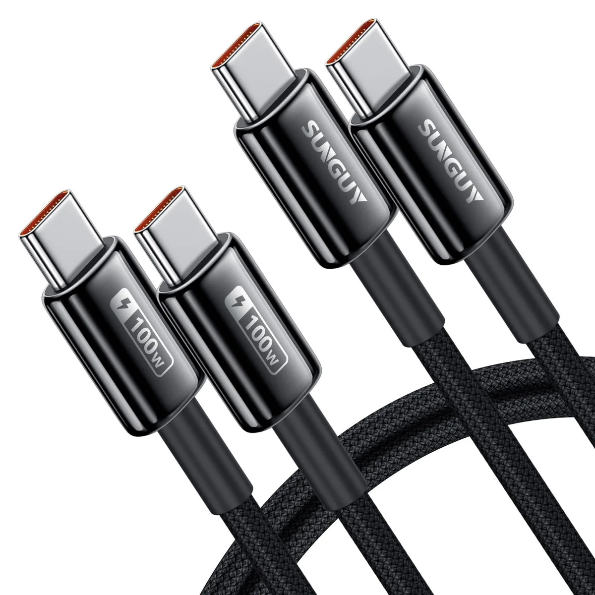 Orange USB-C to USB-C cable with braided nylon finish, 3.3 ft long