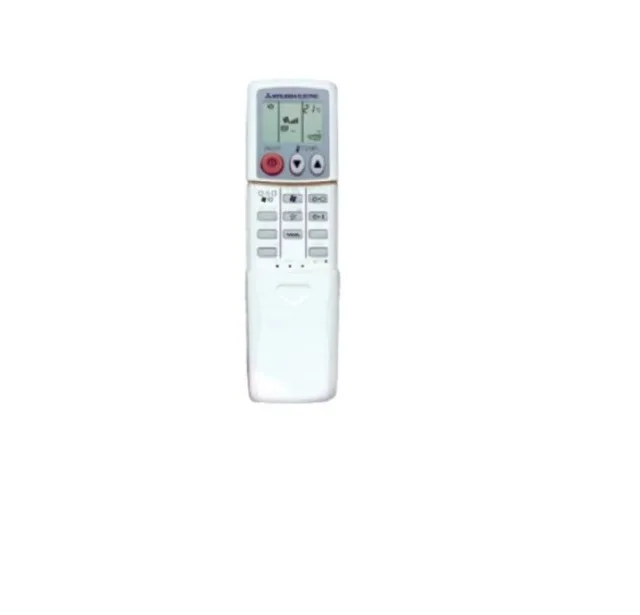 White rectangular handheld wireless remote controller with button layout and display screen