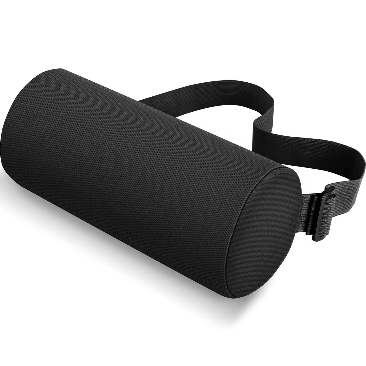 Small black lumbar roll pillow with elastic strap, sold in a pack of 10