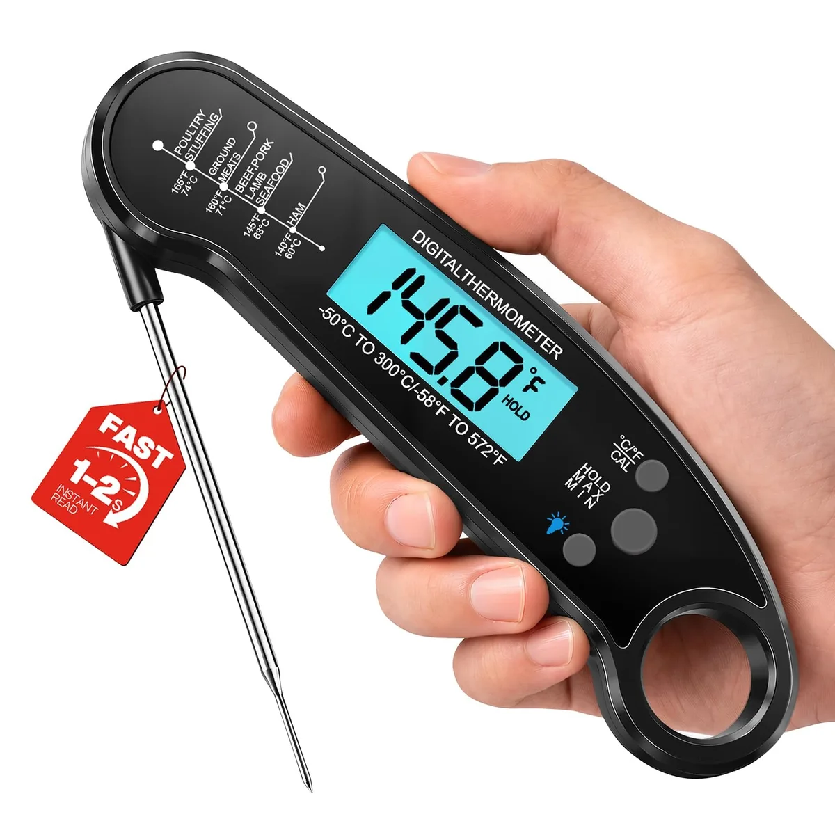 Black digital instant-read thermometer with fold-out probe and backlit display