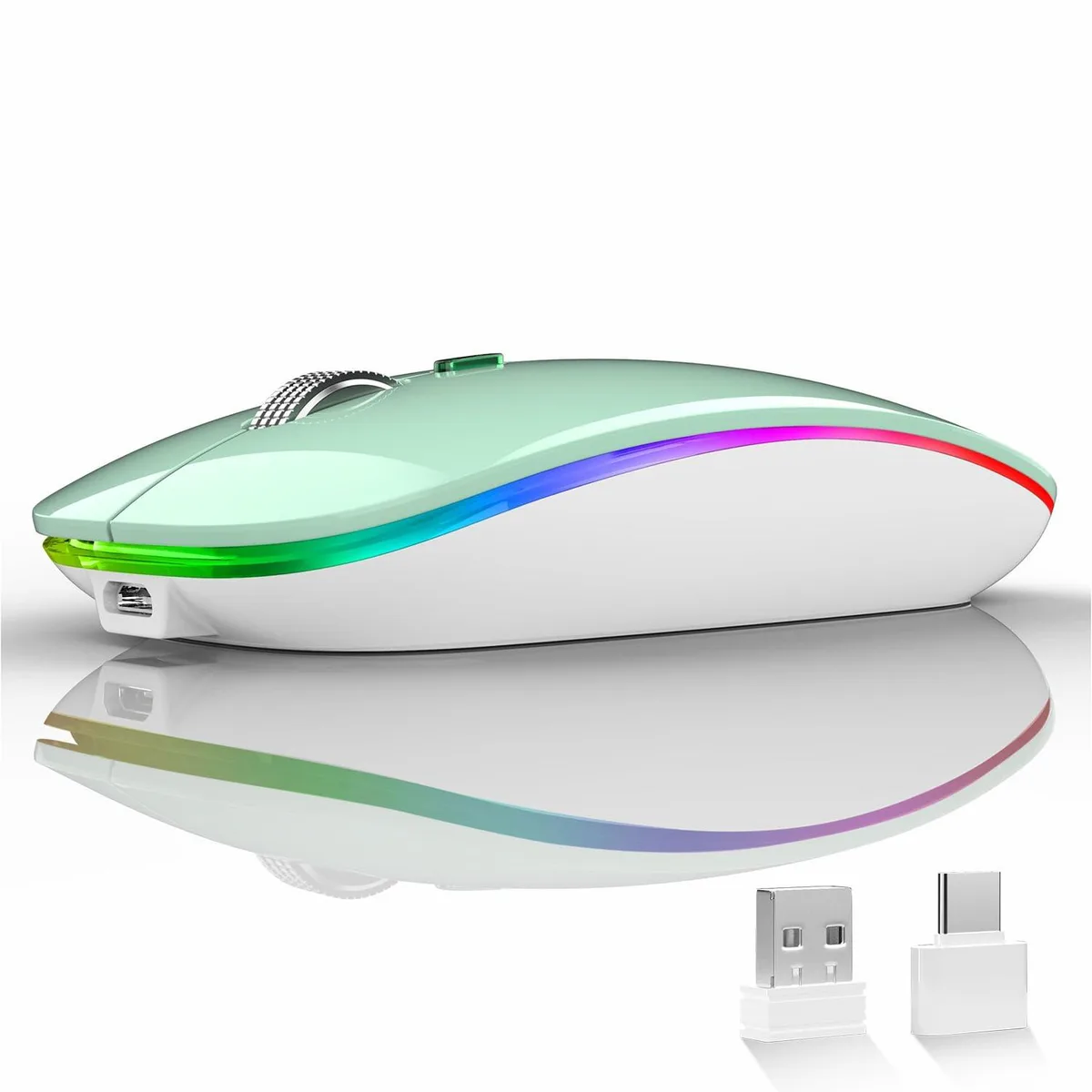 Mint green slim wireless mouse with USB receiver and Type-C adapter