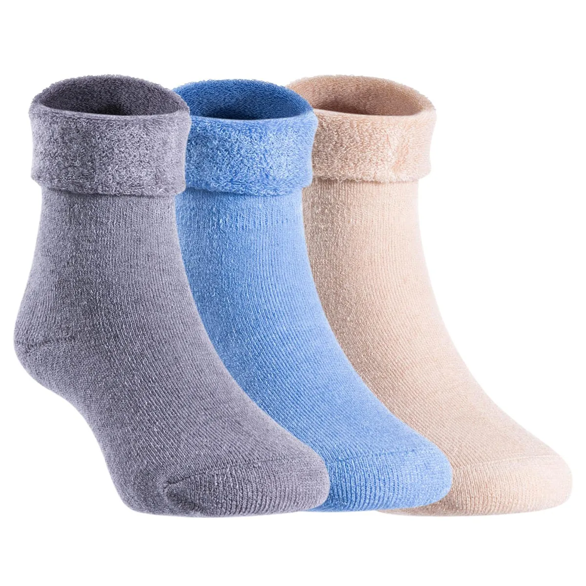 Three pairs of wool crew socks in blue, grey and beige