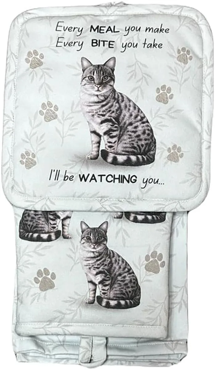 Three-piece kitchen set with silver tabby cat print: oven mitt, pot holder, towel
