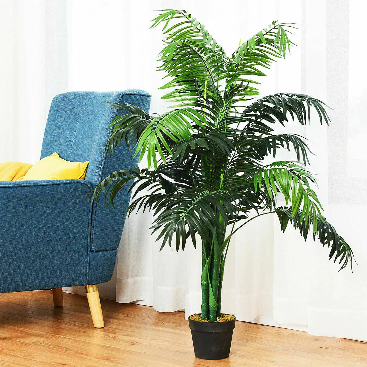 3.5-foot artificial areca palm with 28 leaves in black pot with moss