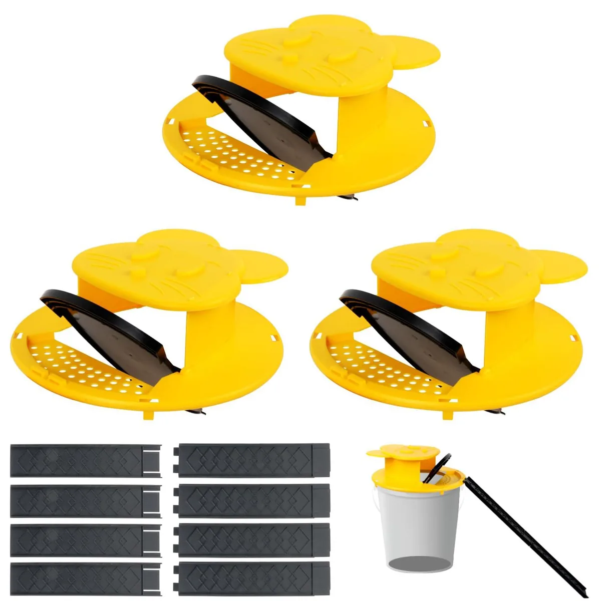 Three plastic bucket mouse traps, green and grey, rectangular with curved entry ramps
