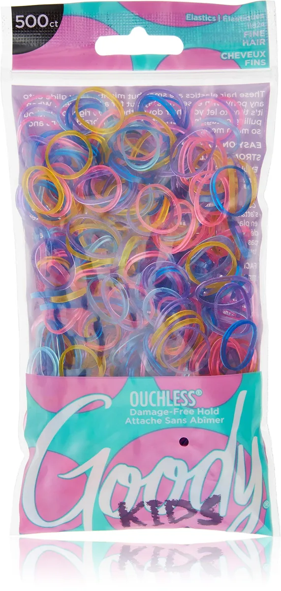 Clear plastic jar filled with 500 small assorted elastic hair bands