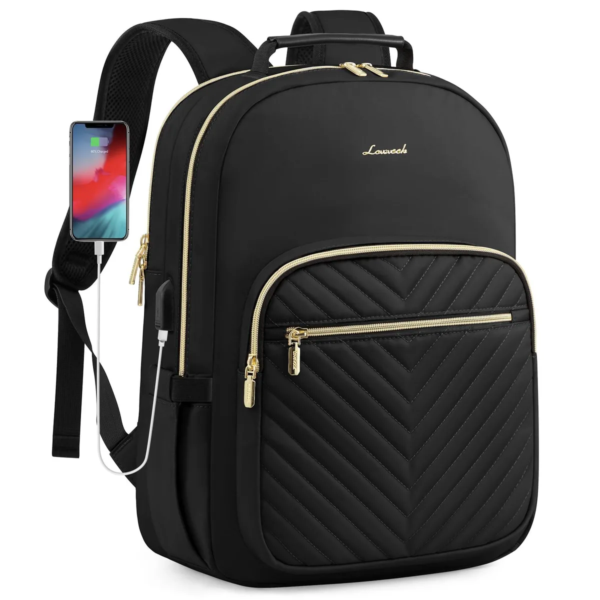 Beige quilted nylon laptop backpack with padded straps and USB port