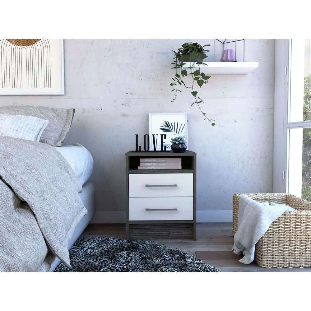 Smokey oak and white nightstand with two drawers and an open shelf