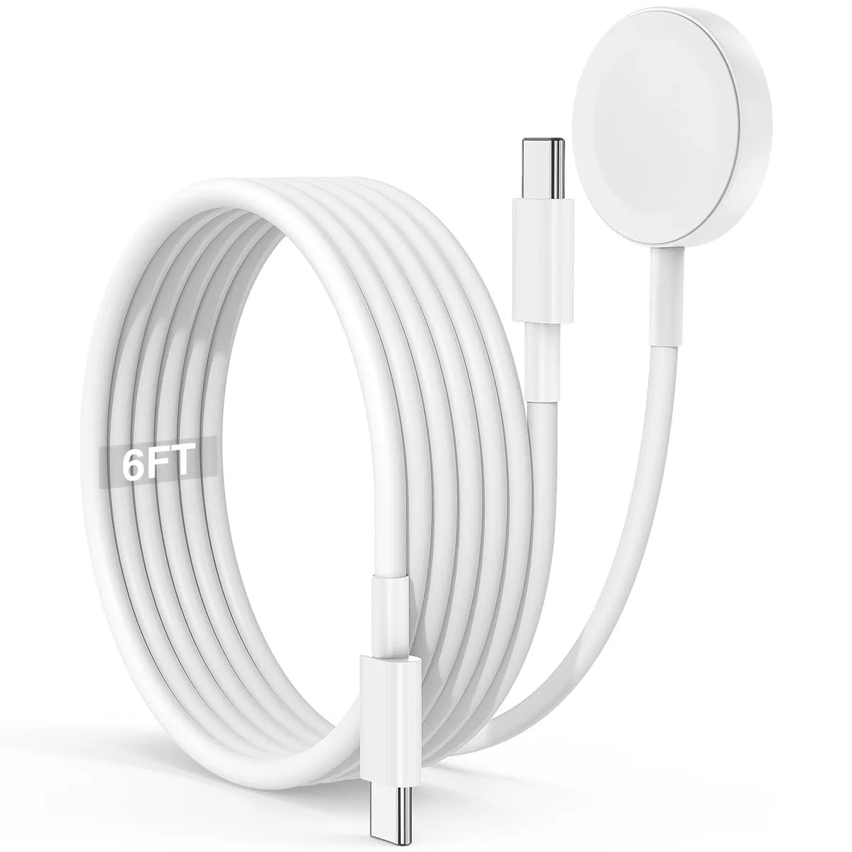 White 2-in-1 USB-C cable with magnetic Apple Watch charger, six feet long