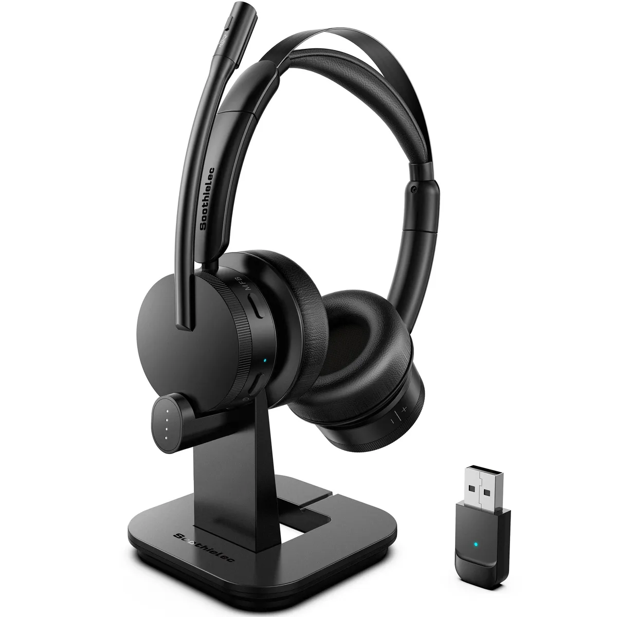 White on-ear wireless headset with charging stand and USB dongle