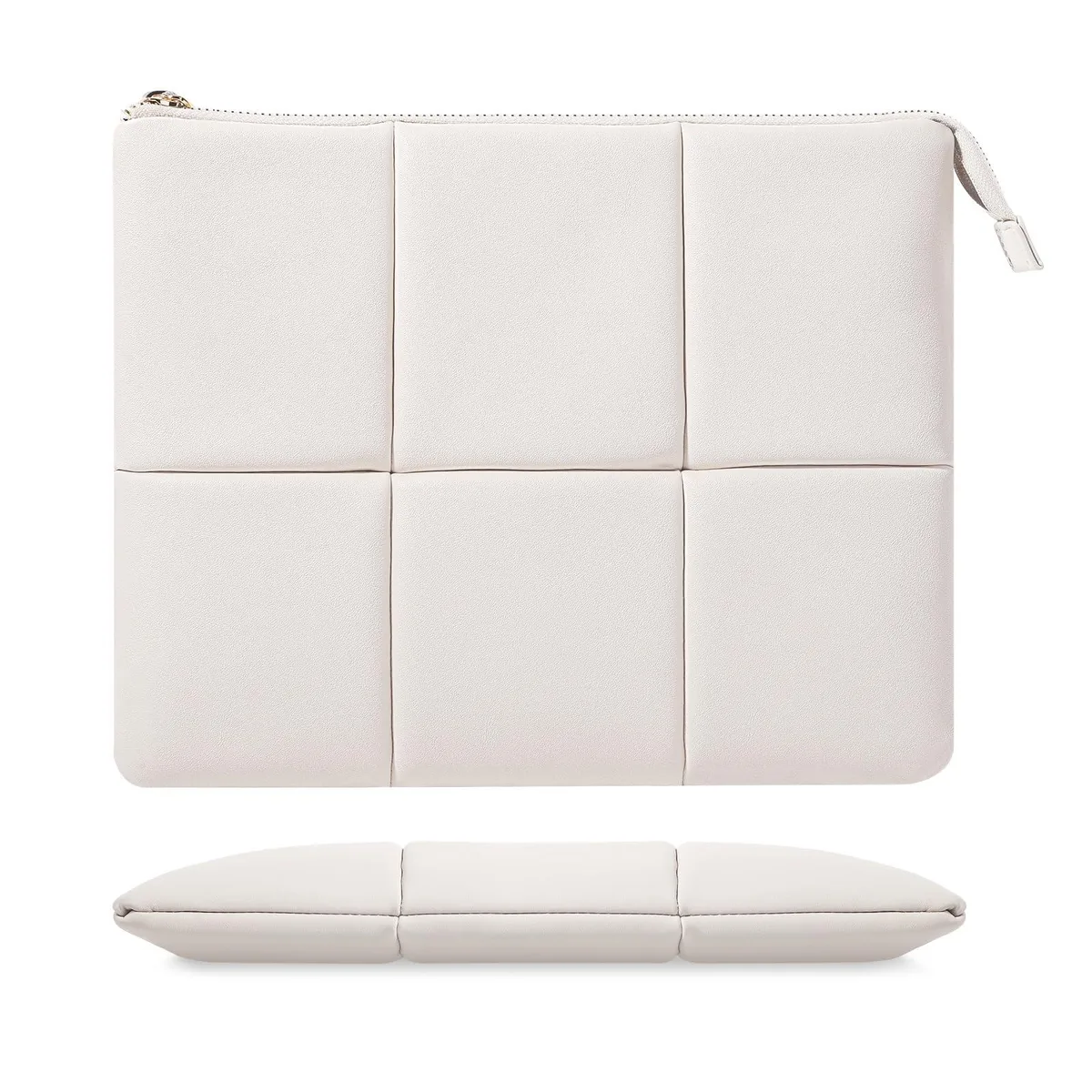 Black puffy tablet sleeve in PU leather with quilted stitching, zip closure and elastic pen loop