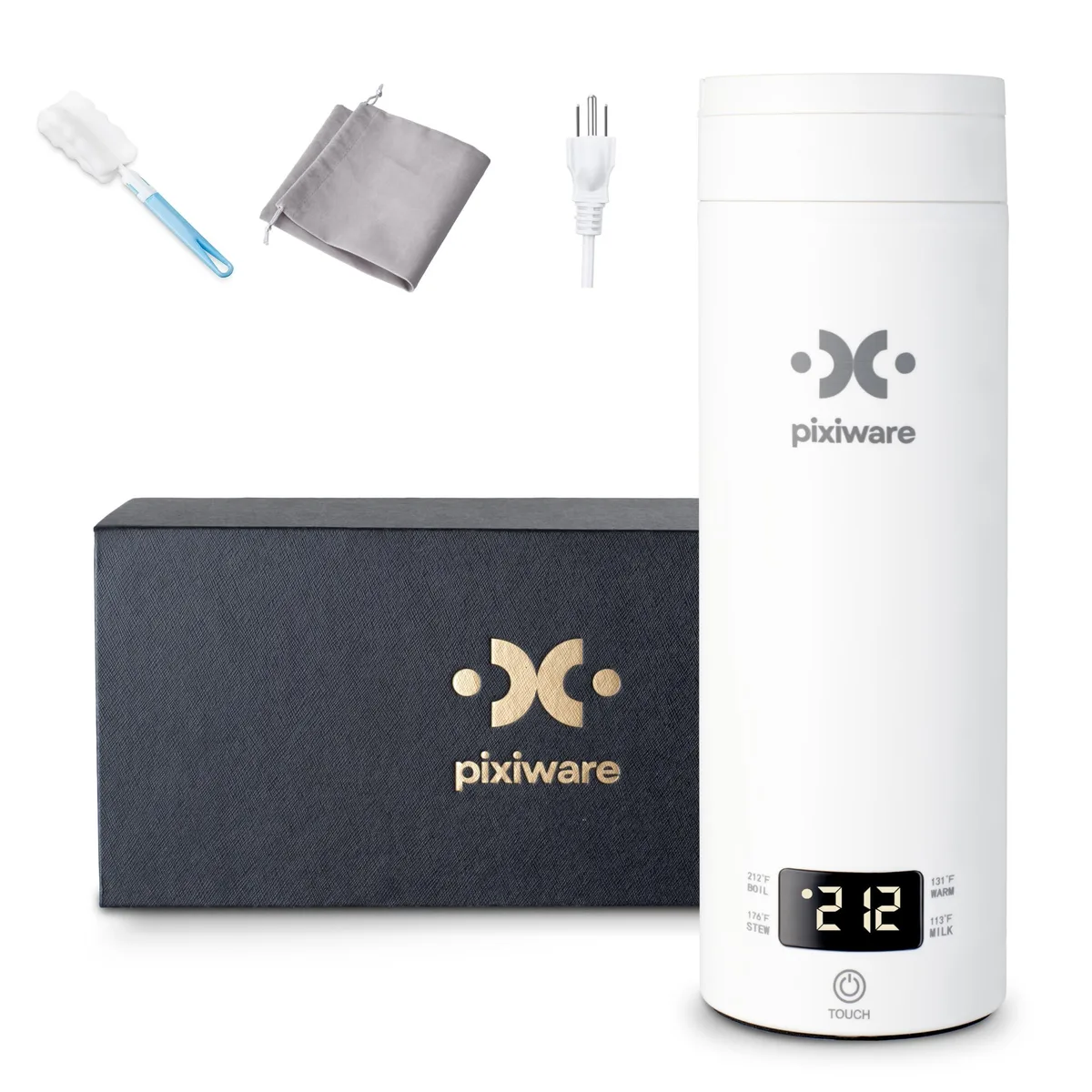 White portable electric kettle with twist lid, digital display, double-wall body, 450ml capacity