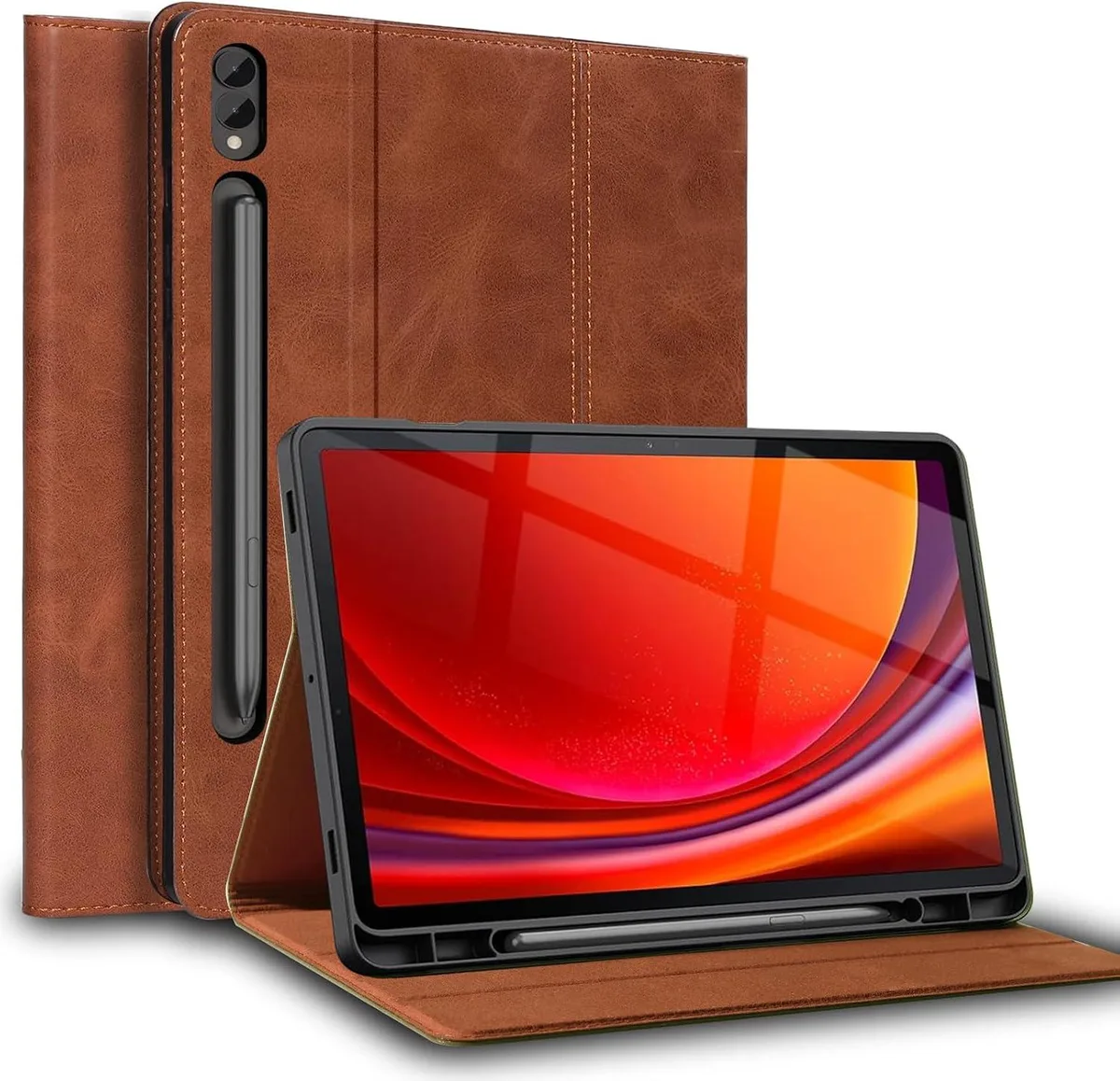 Brown genuine leather tablet case with pen holder and stand function